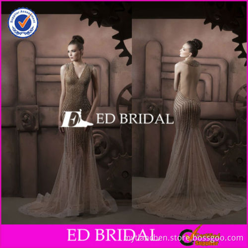 Luxurious 9904 V Neckline Sleeveless Heavt Beading See Through Back Tulle Latest Design Formal Evening Gown